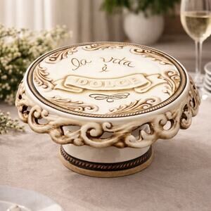 Grasslands Road “La Vita È Dolce” Cake Stand 9.5” Round 5.5” Tall Pedestal
